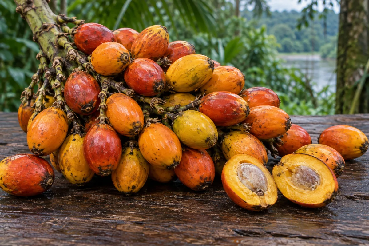 Cacho de pupunha alaranjada e vermelha com fruto cozido aberto
