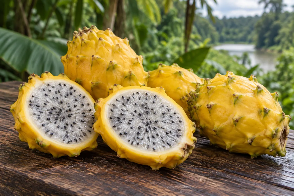 Pitaya-amarela amazônica aberta com polpa branca e sementes pretas