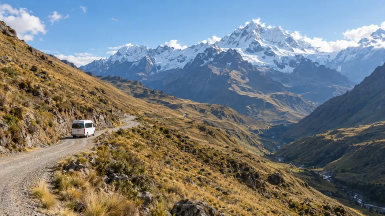 Bus turístico en la ruta de Mollepata a Soraypampa en los Andes
