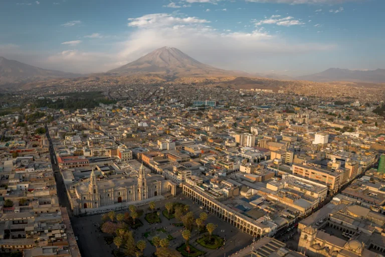 Aerial view of Plaza de Armas, the cathedral and Misti volcano in Arequipa