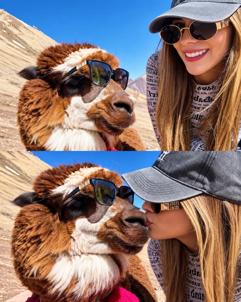 Traveler taking a photo with an alpaca at Rainbow Mountain in Peru