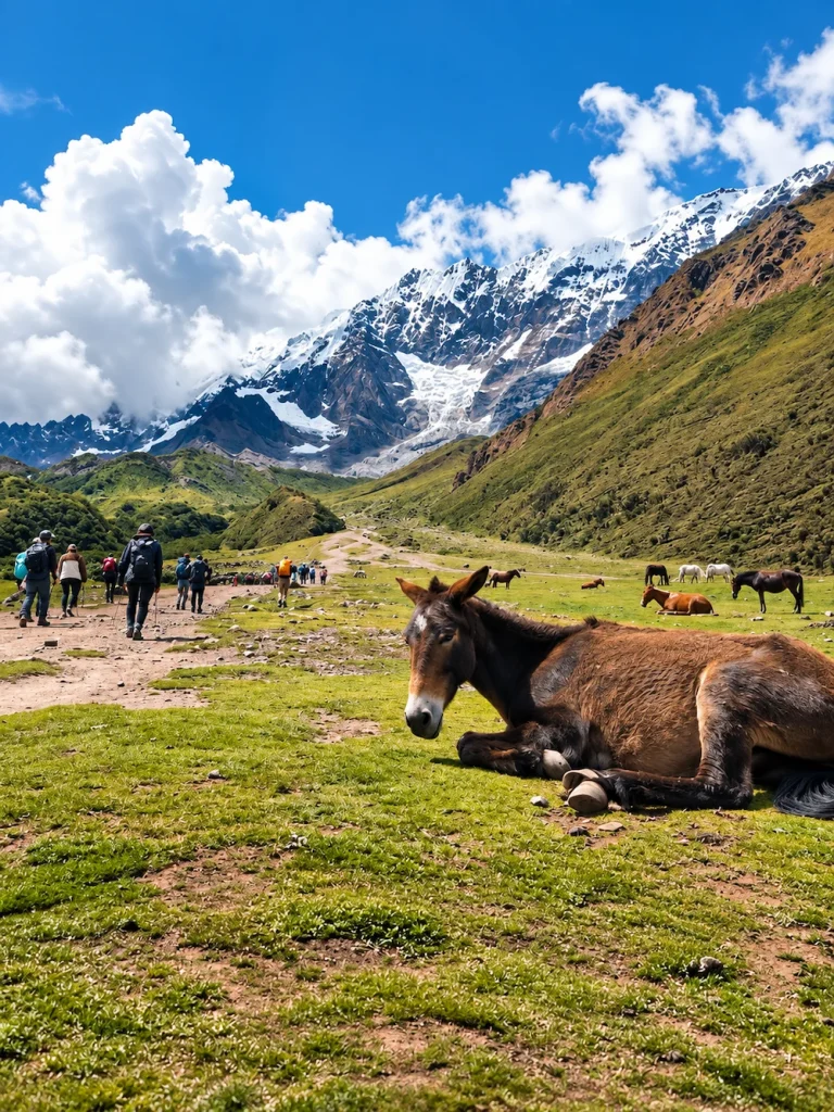 Caminhantes e mulas na rota de trekking diante da montanha Salkantay